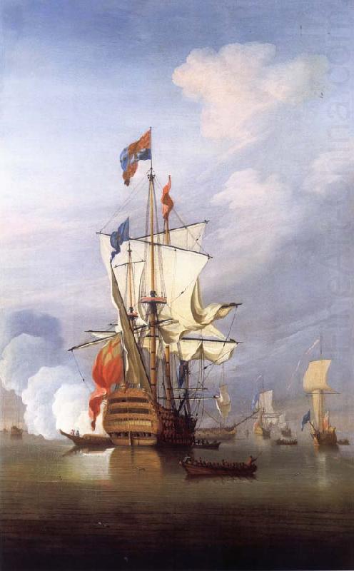 The First-rate ship Royal Sovereign stern  quarter view,in a calm, Monamy, Peter